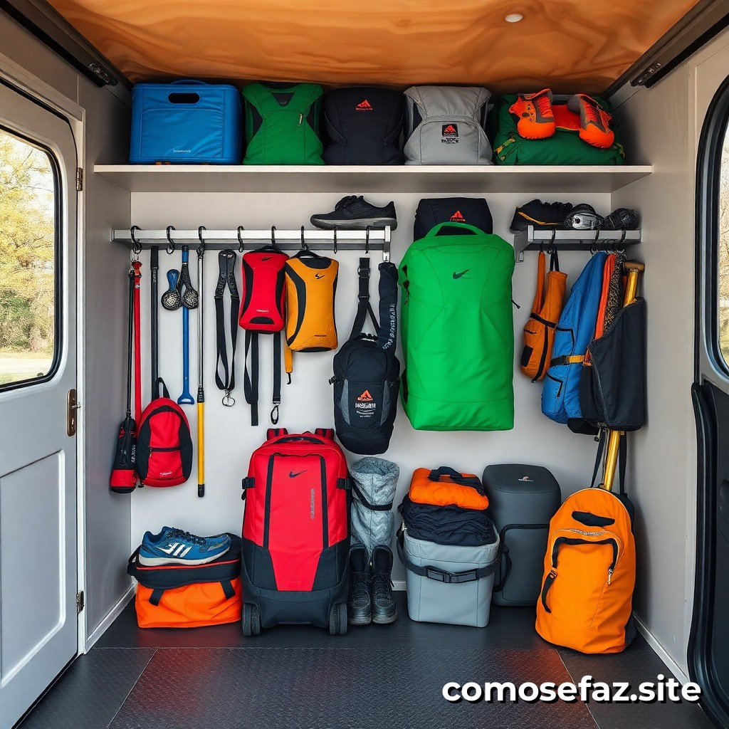 Organizando um espaço de armazenamento para equipamentos de camping e aventuras