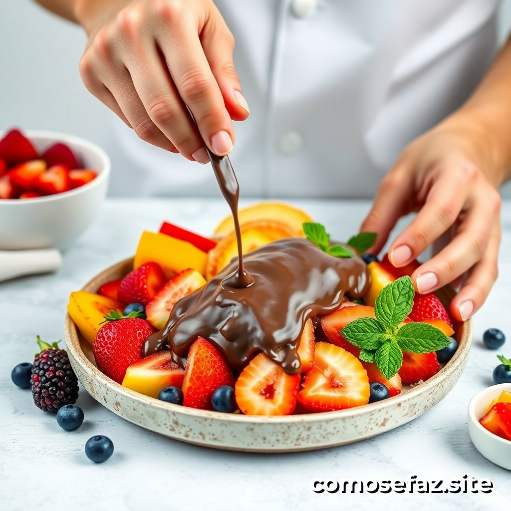 Preparando um Delicioso Prato de Frutas Frescas com Cobertura de Chocolate Caseiro