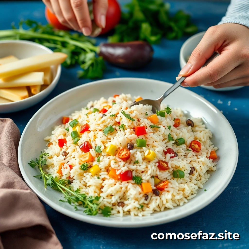 Preparando um prato de arroz com legumes frescos e saudáveis