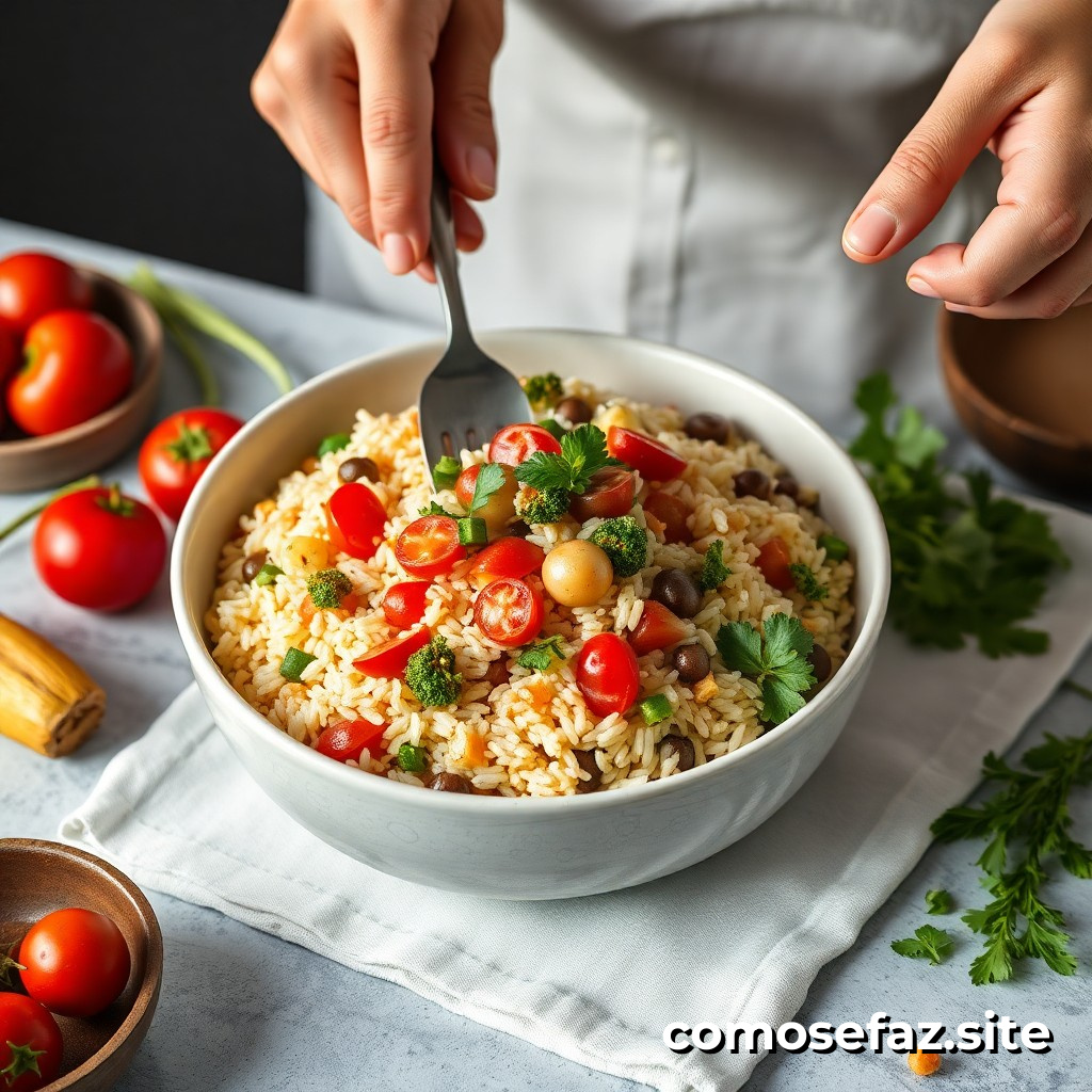 Preparando um prato de arroz integral com legumes frescos e saudáveis
