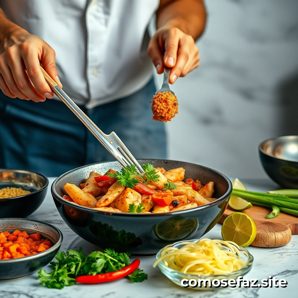 Preparando um prato de comida brasileira com influências asiáticas