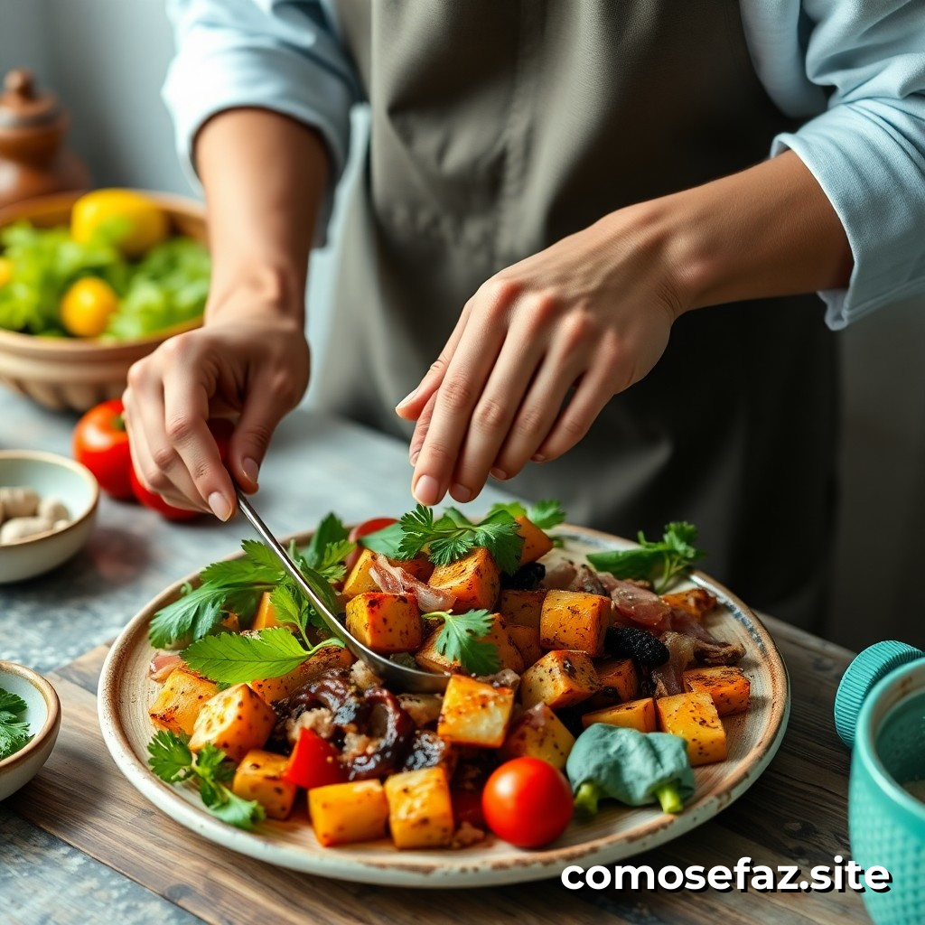 Preparando um prato de comida caseira com ingredientes orgânicos e locais