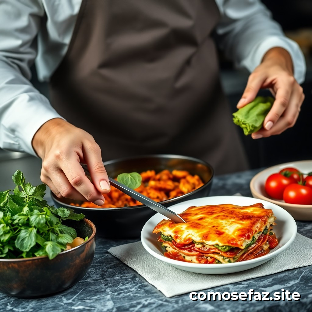 Preparando um prato de comida italiana clássico: lasanha de vegetais