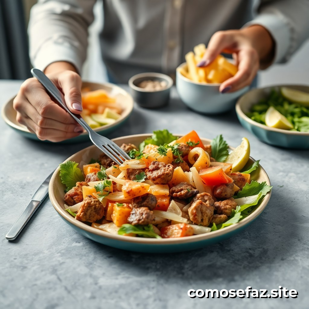 Preparando um prato de comida light e saudável para o almoço de trabalho