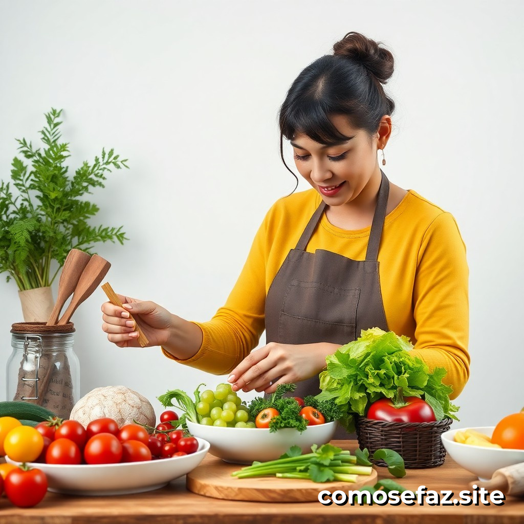 Preparando um Prato de Comida Saudável com Frutas e Vegetais de Estação