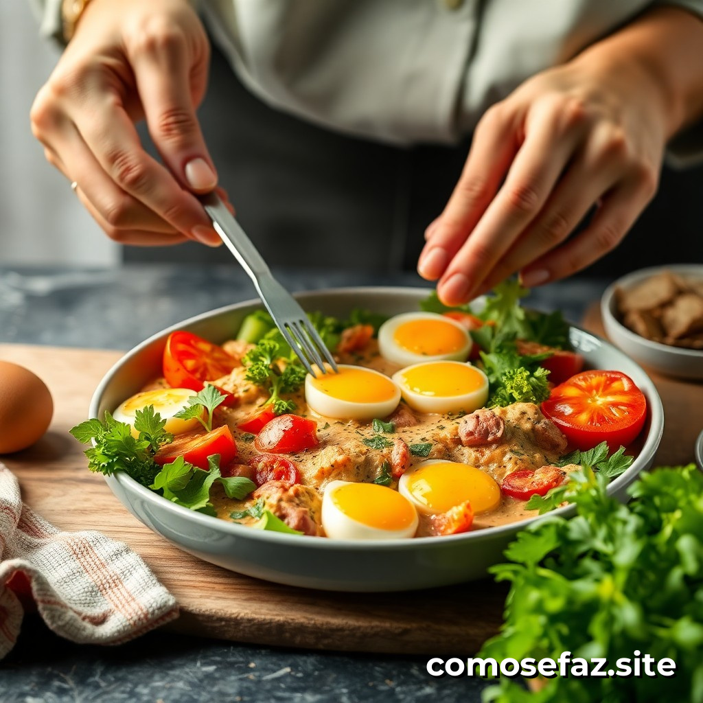Preparando um prato de comida saudável com ovos e vegetais