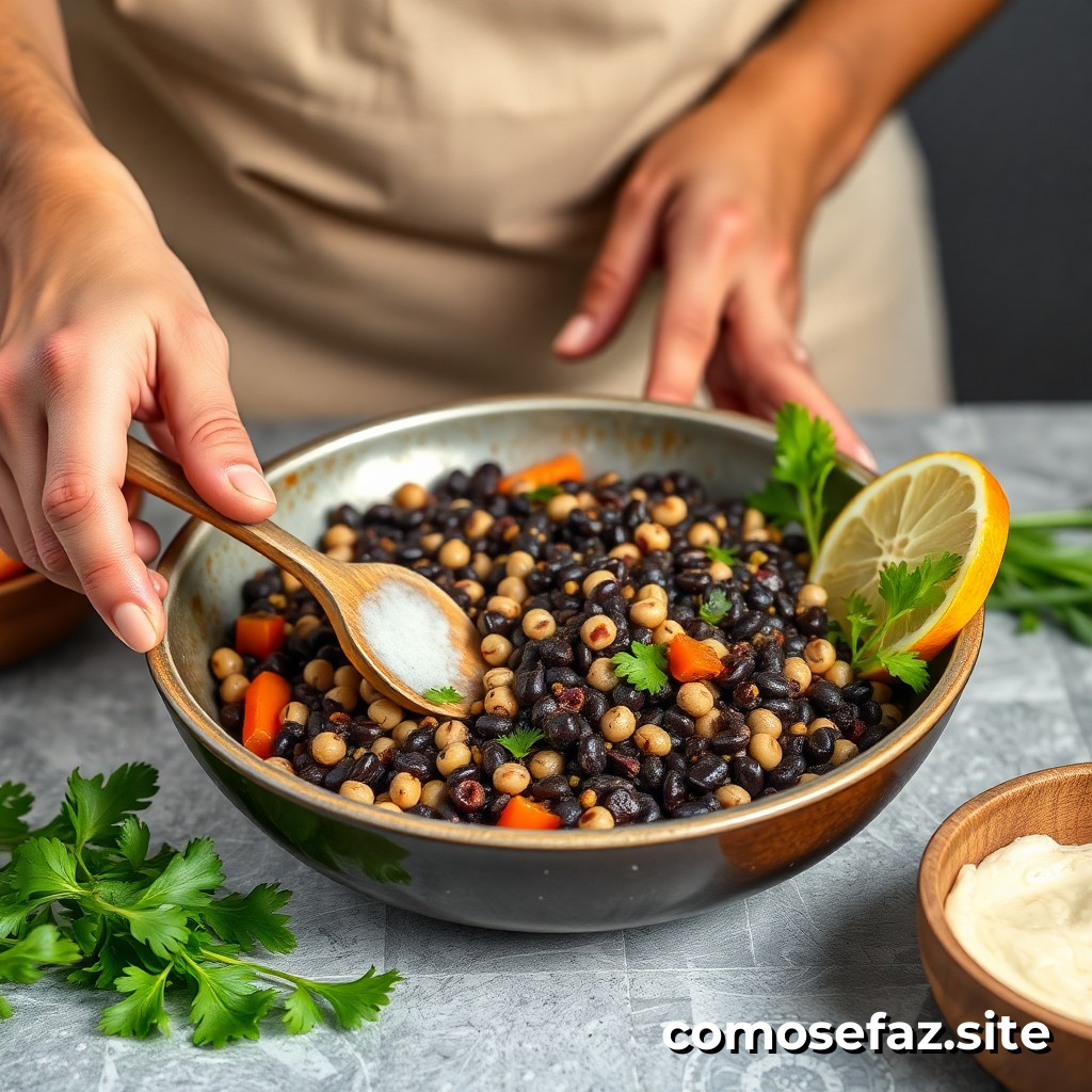Preparando um prato de comida saudável e deliciosa com feijão preto e vegetais