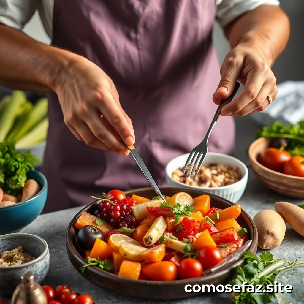 Preparando um Prato de Comida Saudável e Deliciosa com Frutas e Legumes da Estação