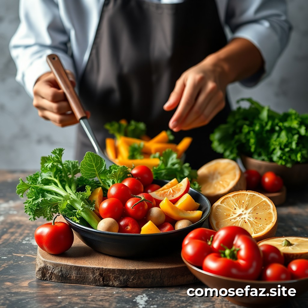 Preparando um Prato de Comida Saudável e Deliciosa com Frutas e Vegetais de Estação