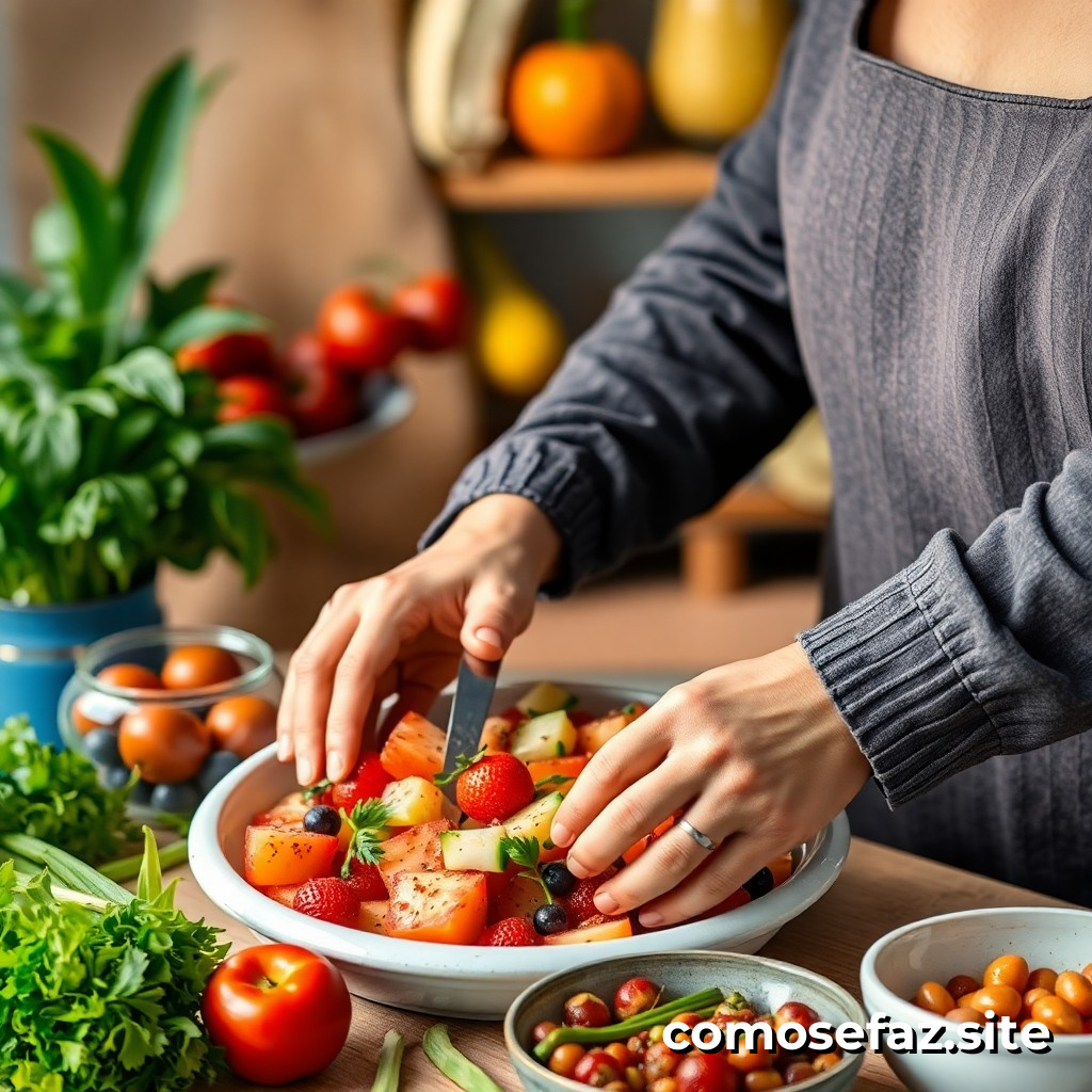Preparando um Prato de Comida Saudável e Deliciosa com Frutas e Verduras da Estação