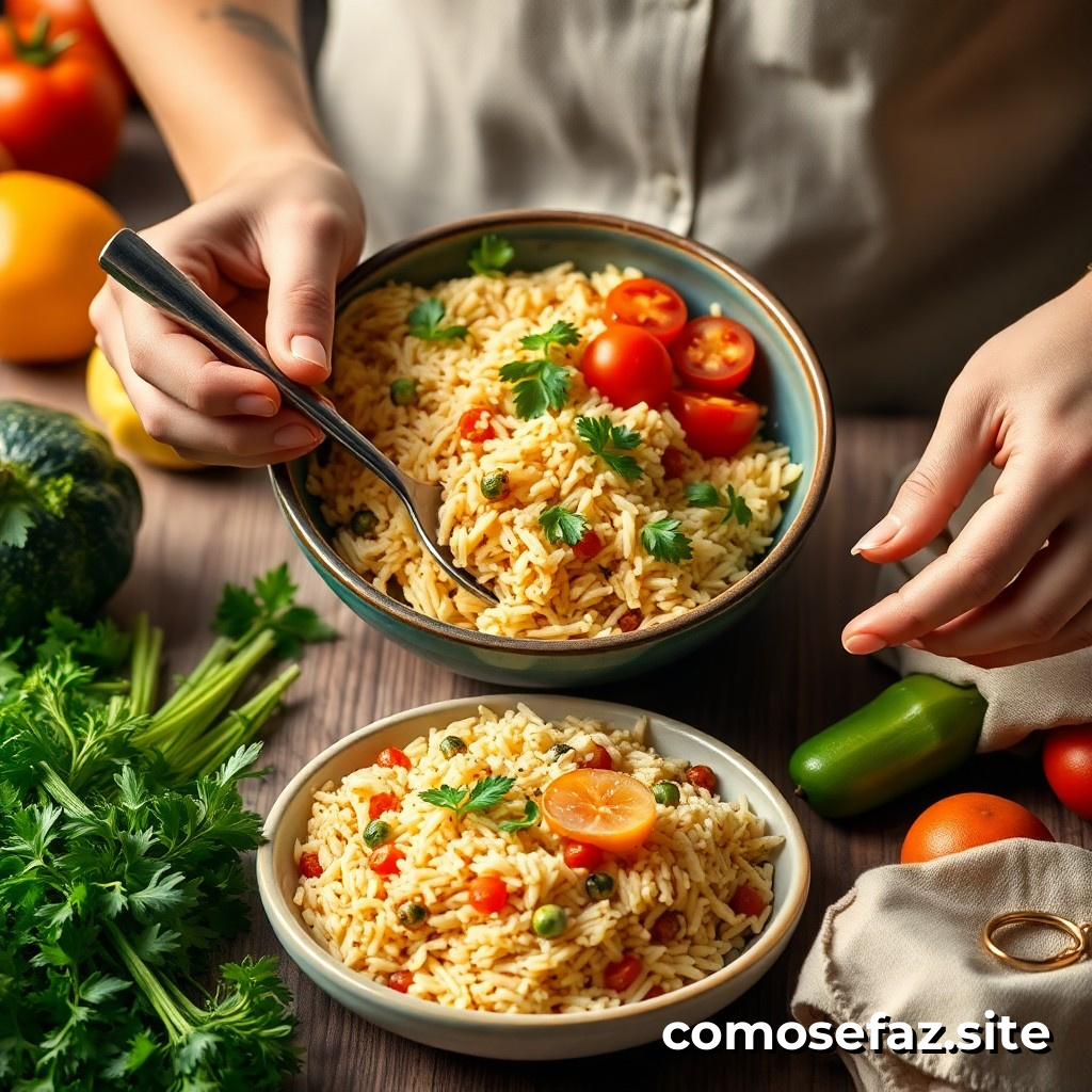 Preparando um prato de comida saudável e deliciosa com ingredientes de época: O Arroz de Vegetais