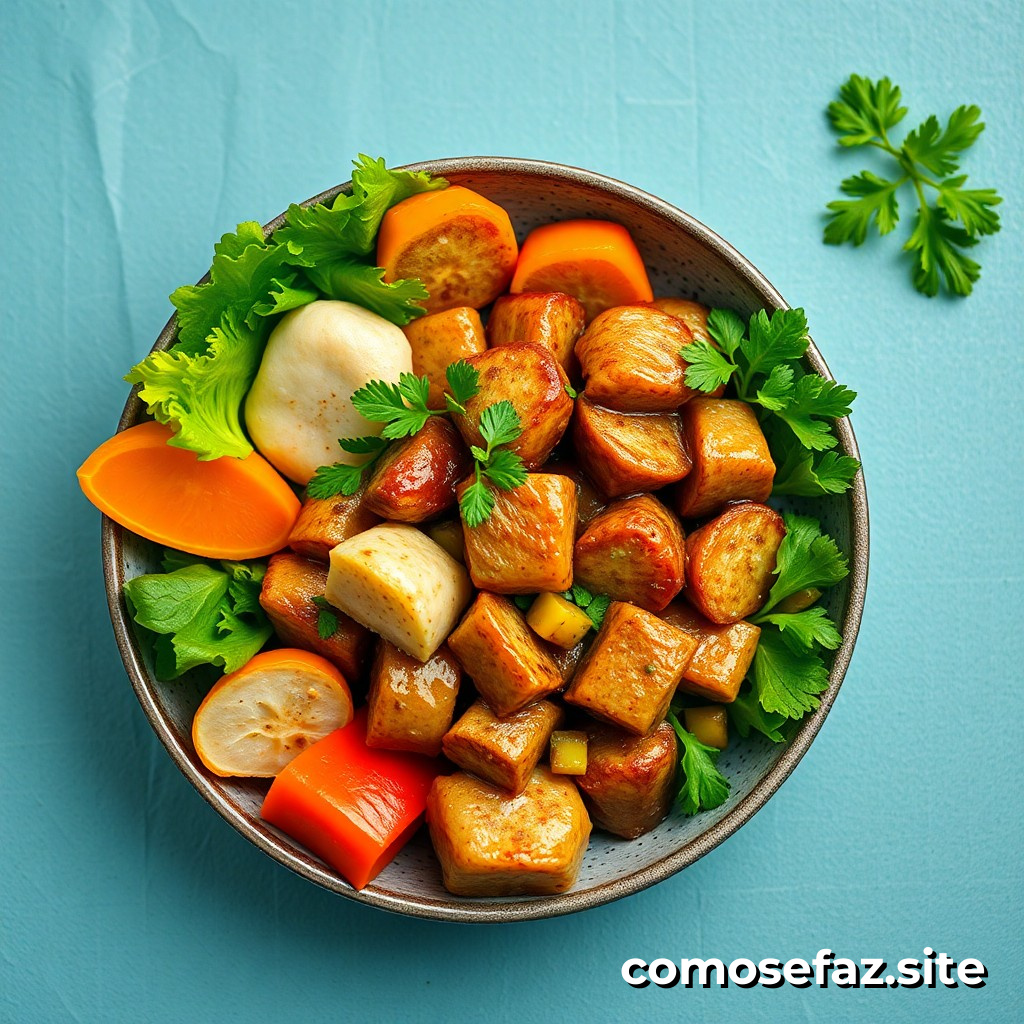 Preparando um prato de comida saudável e deliciosa com ingredientes de temporada e fermentação