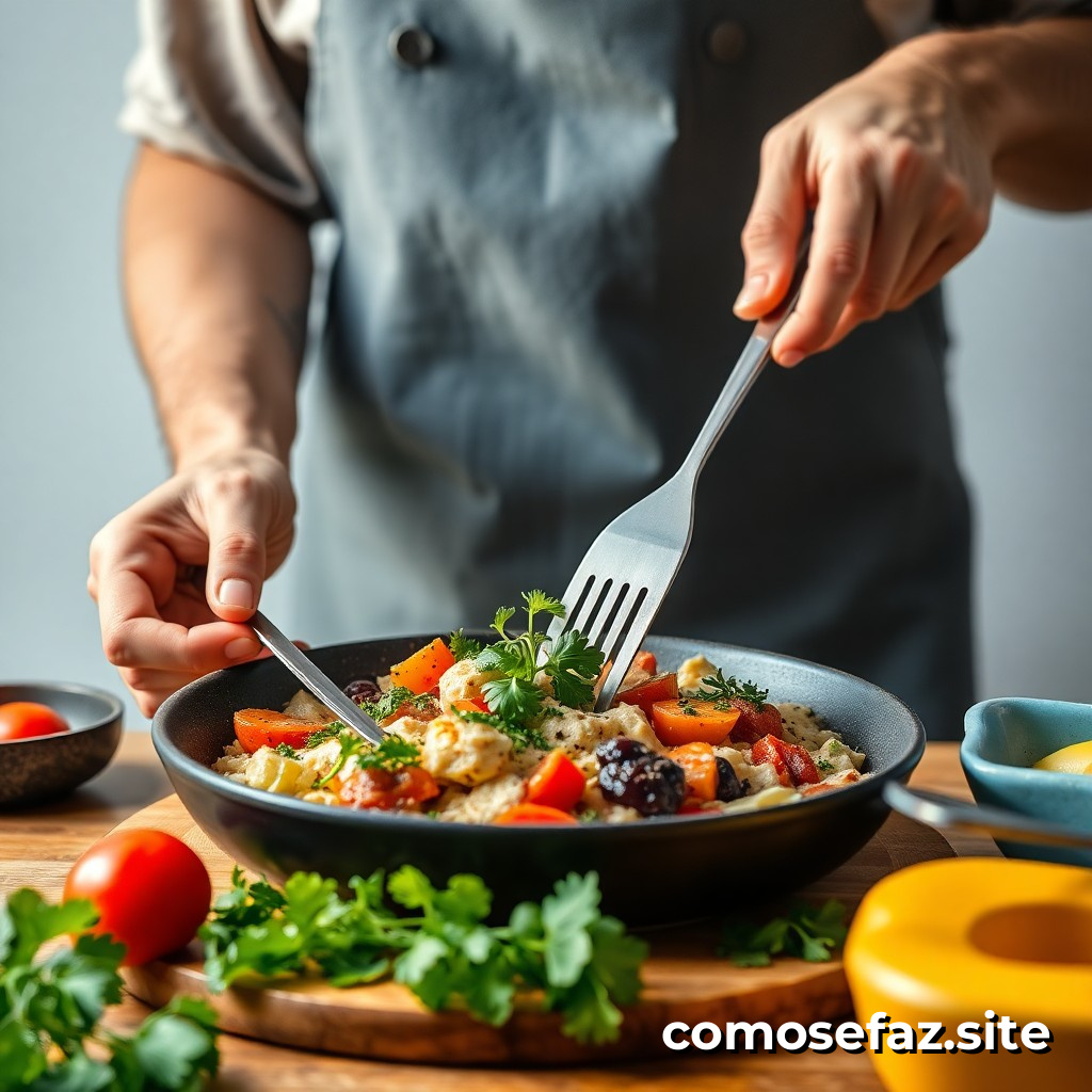 Preparando um prato de comida saudável e deliciosa com ingredientes locais e orgânicos