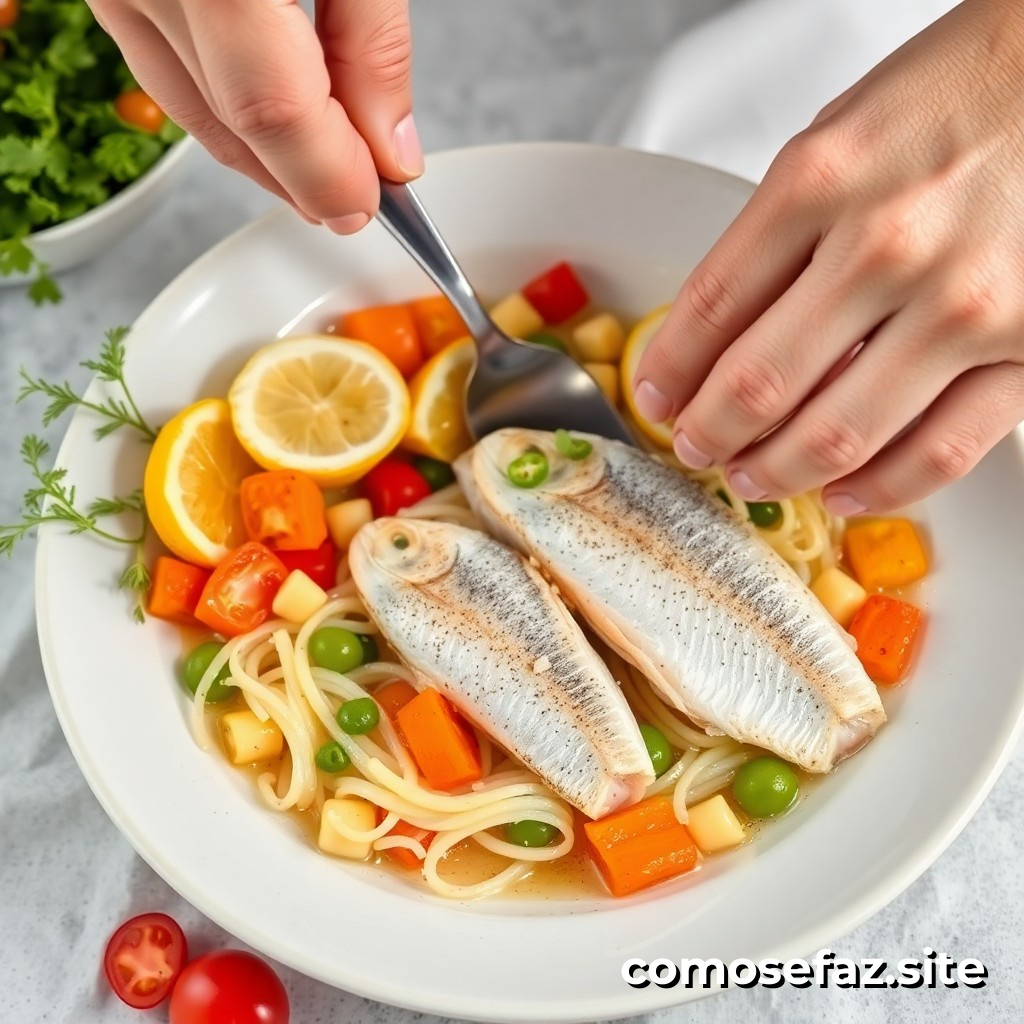 Preparando um prato de comida saudável e deliciosa com peixes frescos e legumes de temporada
