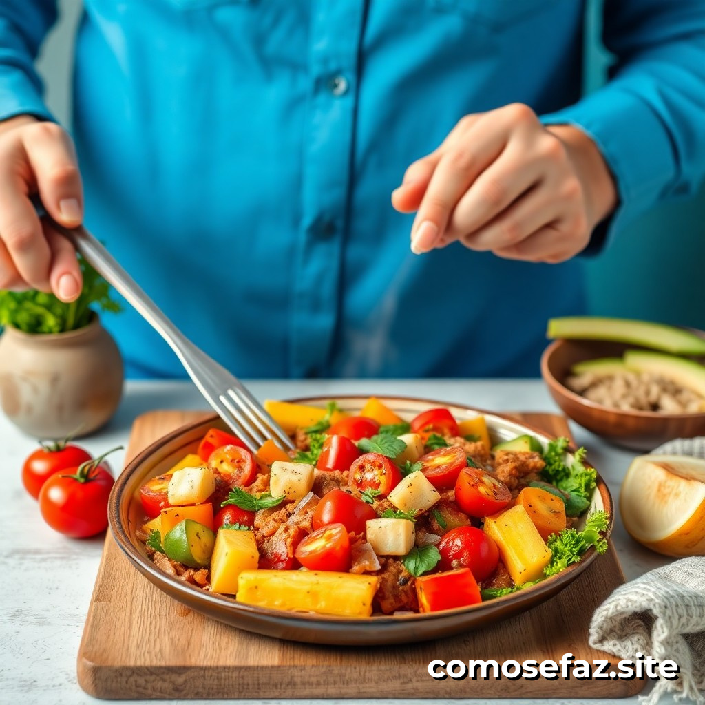 Preparando um prato de comida saudável e deliciosa com vegetais de temporada