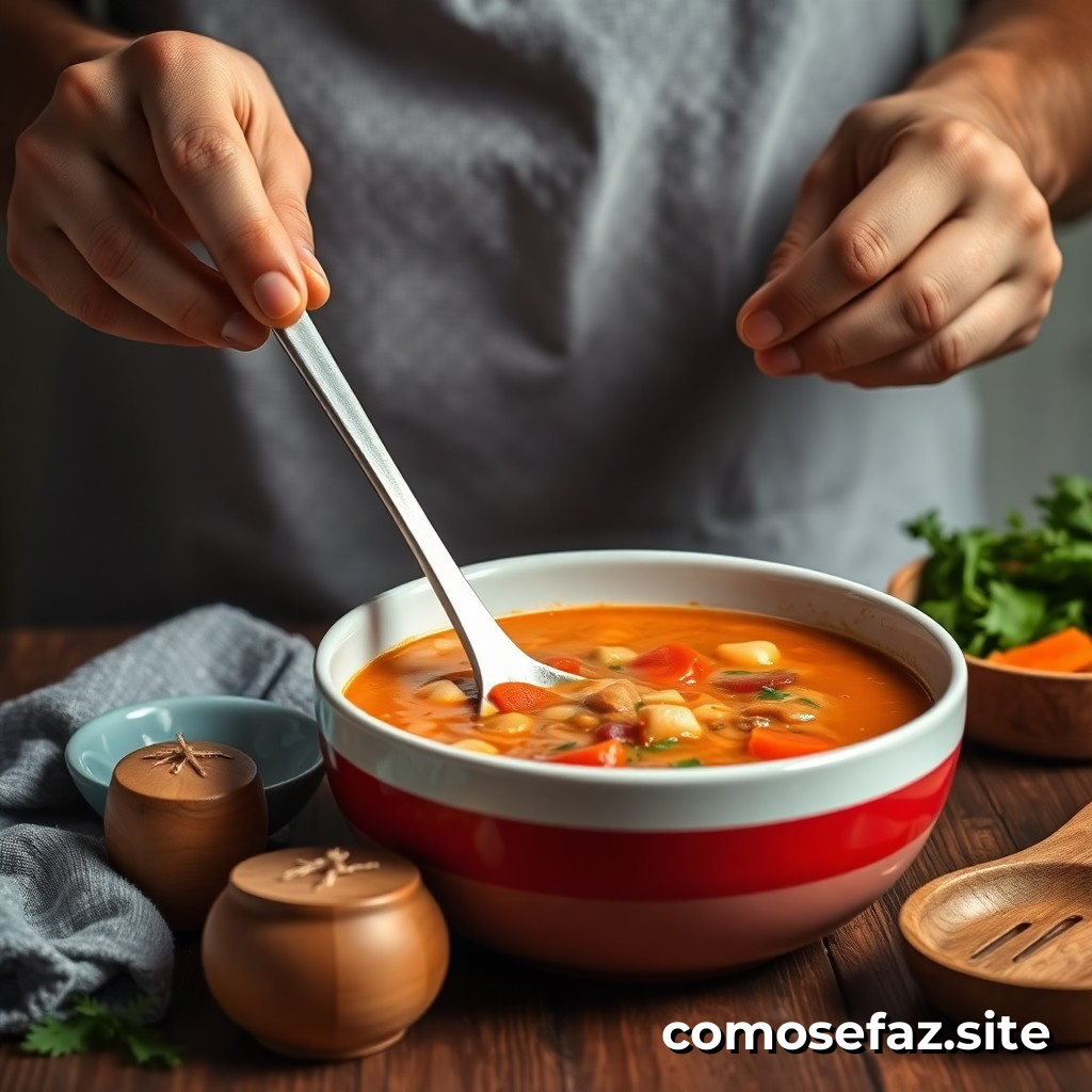 Preparando um prato de comida saudável e econômica com ingredientes de temporada: sopa de legumes