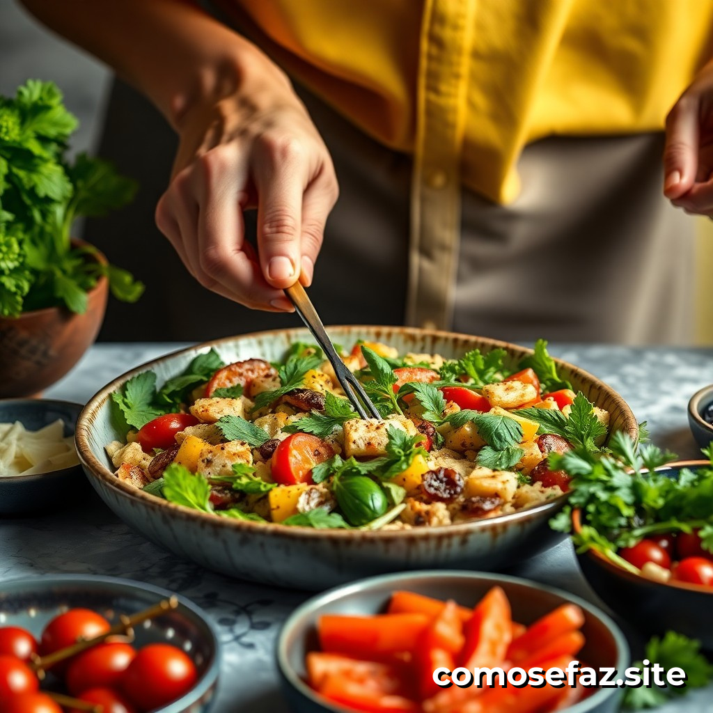 Preparando um prato de comida vegana com ingredientes de estação