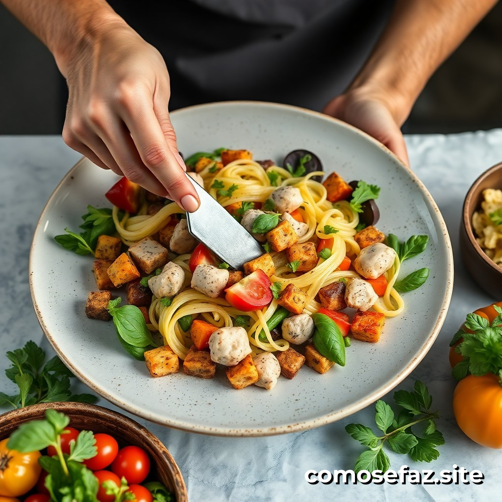 Preparando um prato de comida vegana com ingredientes locais e sazonais para uma refeição sustentável