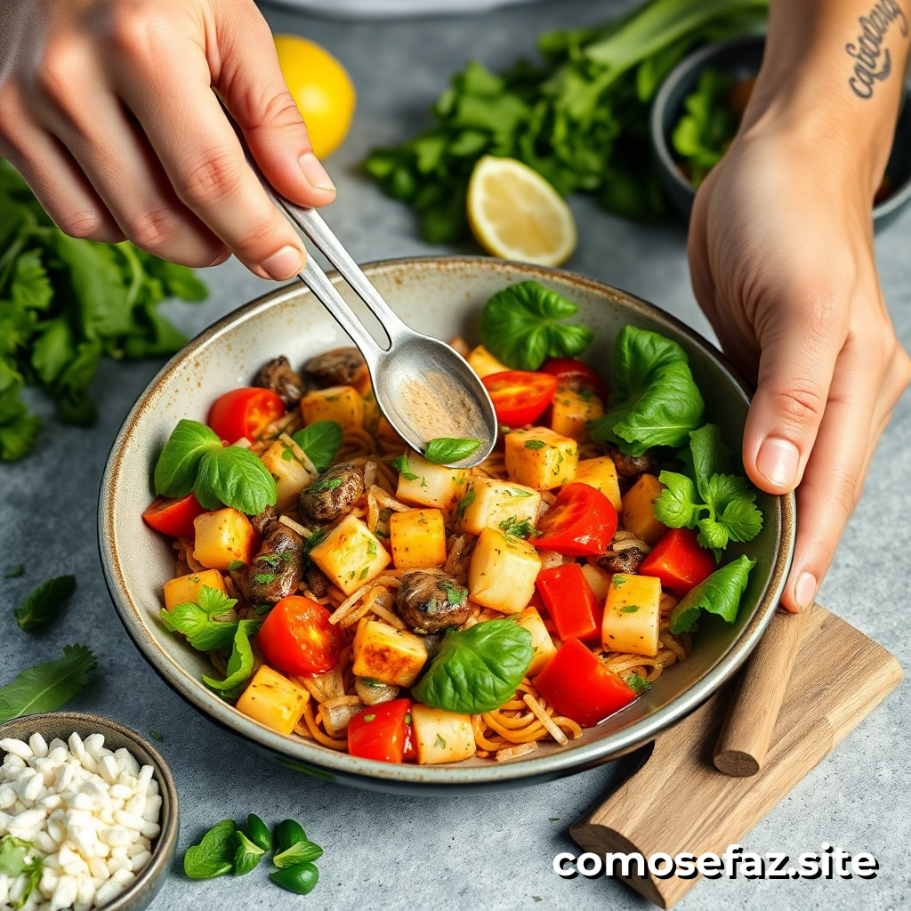 Preparando um prato de comida vegana e deliciosa com ingredientes acessíveis