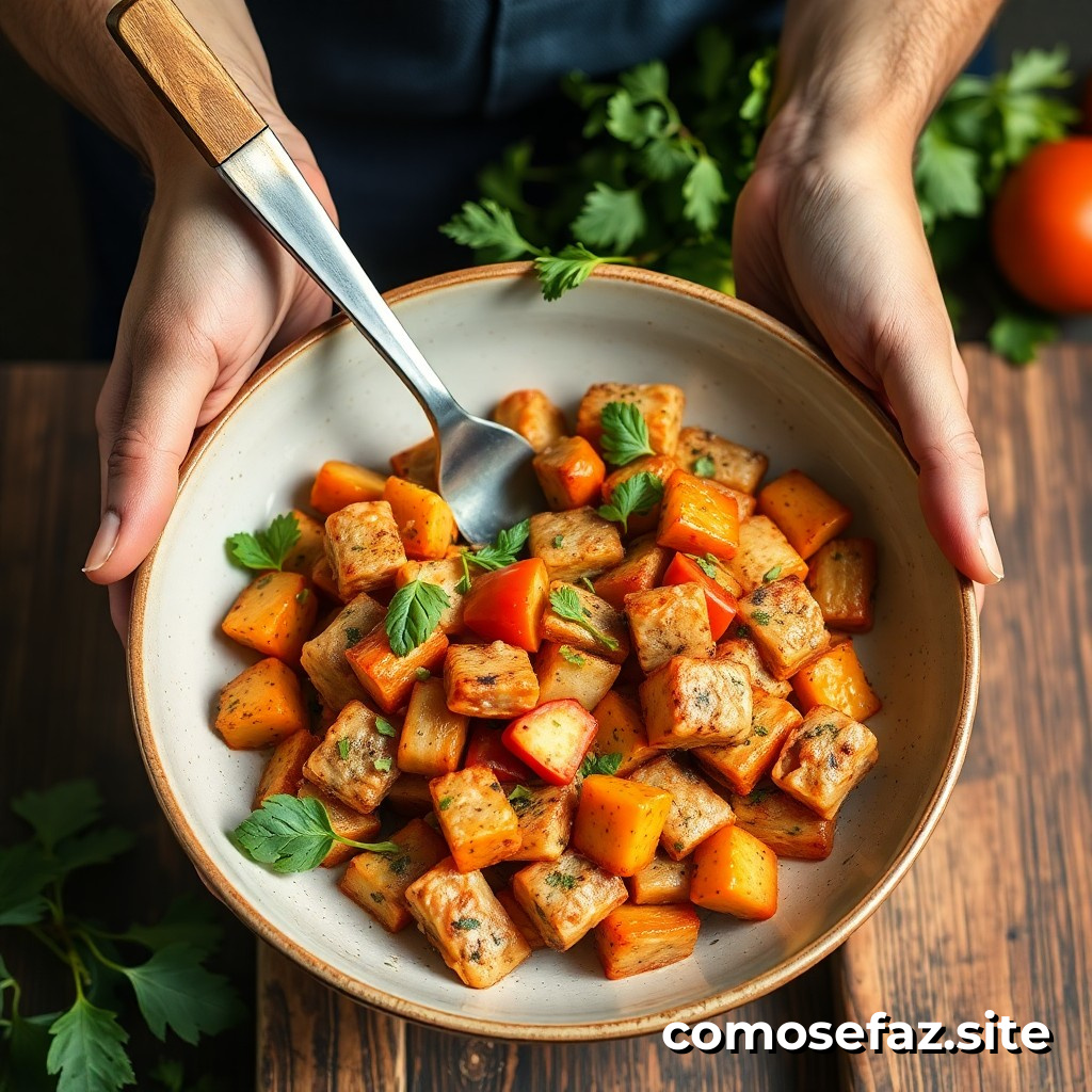 Preparando um prato de comida vegana e saudável com ingredientes locais