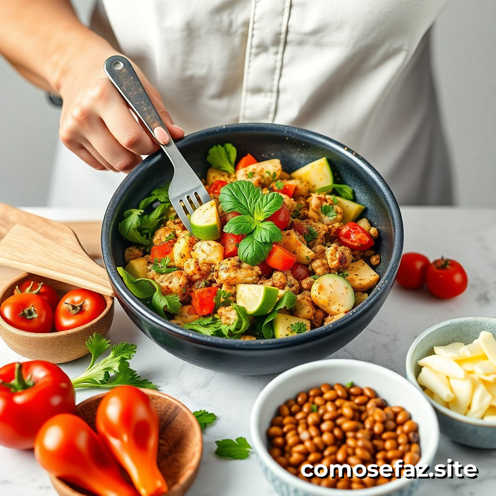 Preparando um prato de comida vegetariana com ingredientes frescos e sazonais para uma refeição saudável