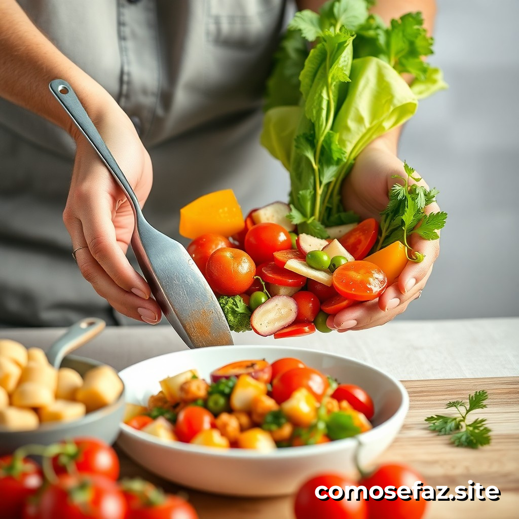 Preparando um prato de comida vegetariana com produtos frescos de temporada