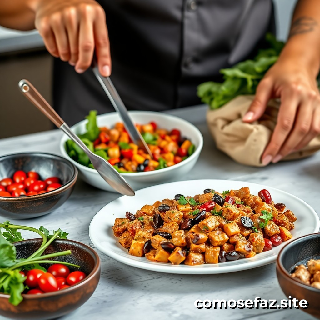 Preparando um prato de comida vegetariana com proteínas de leguminosas