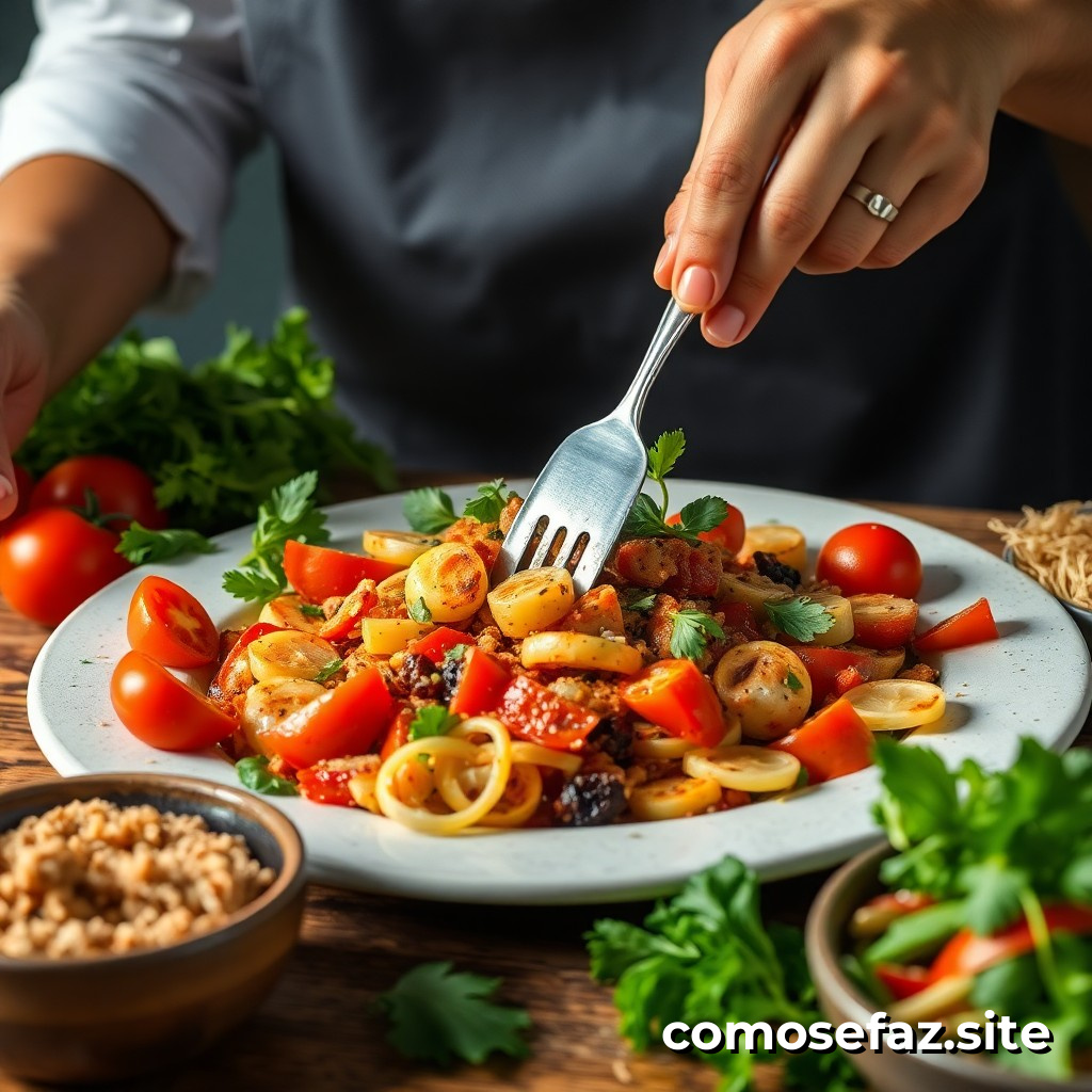 Preparando um prato de comida vegetariana deliciosa e saudável com ingredientes frescos e locais