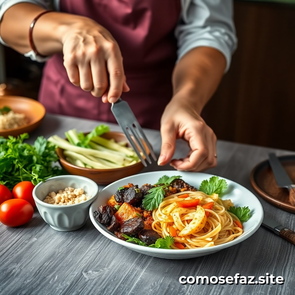 Preparando um prato de comida vegetariana saudável e deliciosa