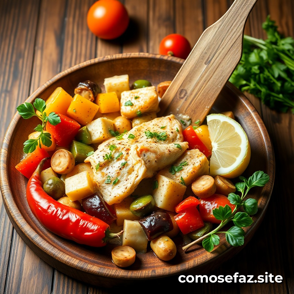 Preparando um prato de frango grelhado com legumes assados de forma saudável e rápida