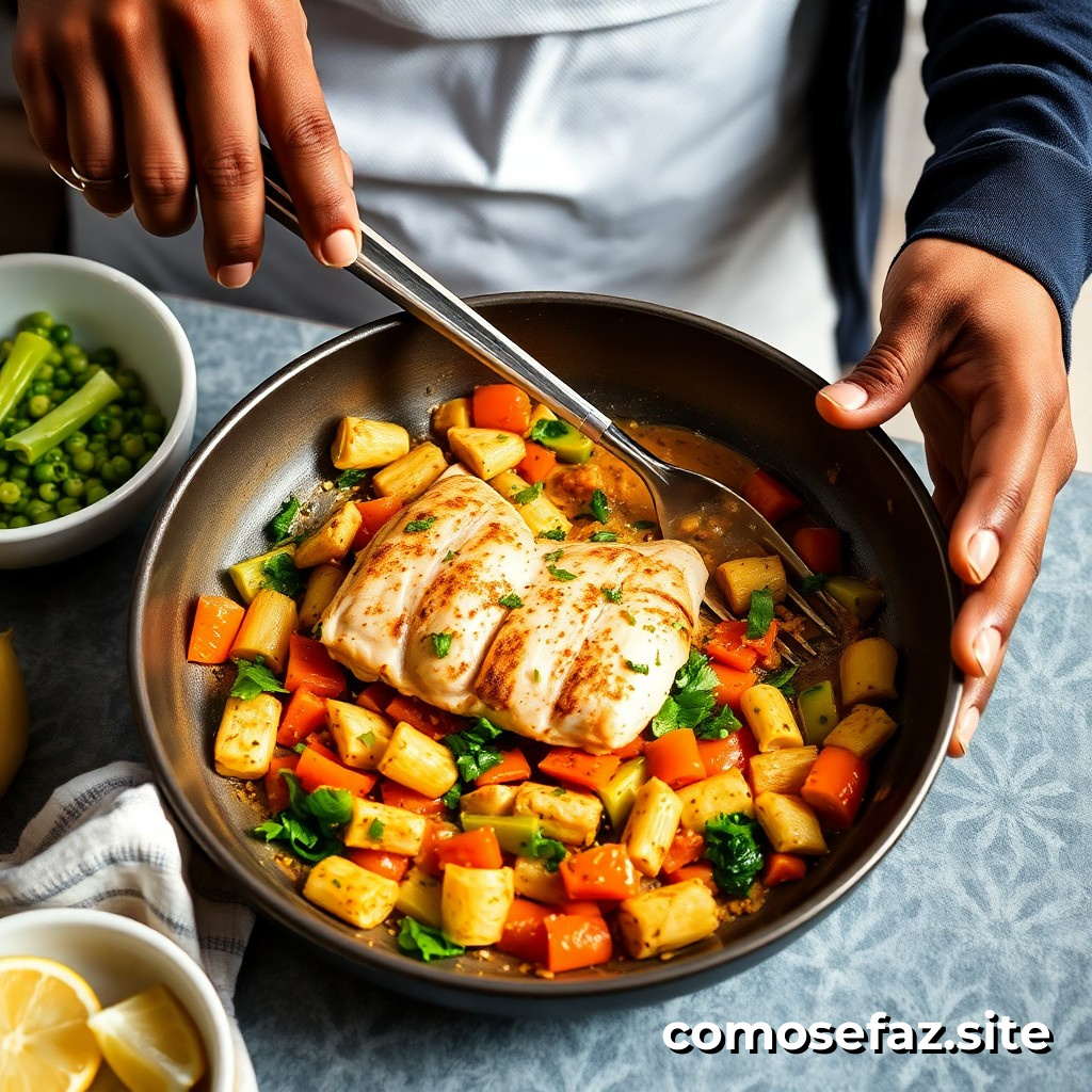 Preparando um prato de frango grelhado com legumes frescos e uma salsa de limão