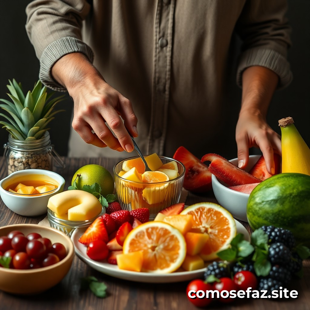 Preparando um Prato de Frutas Frescas para um Lanche Saudável
