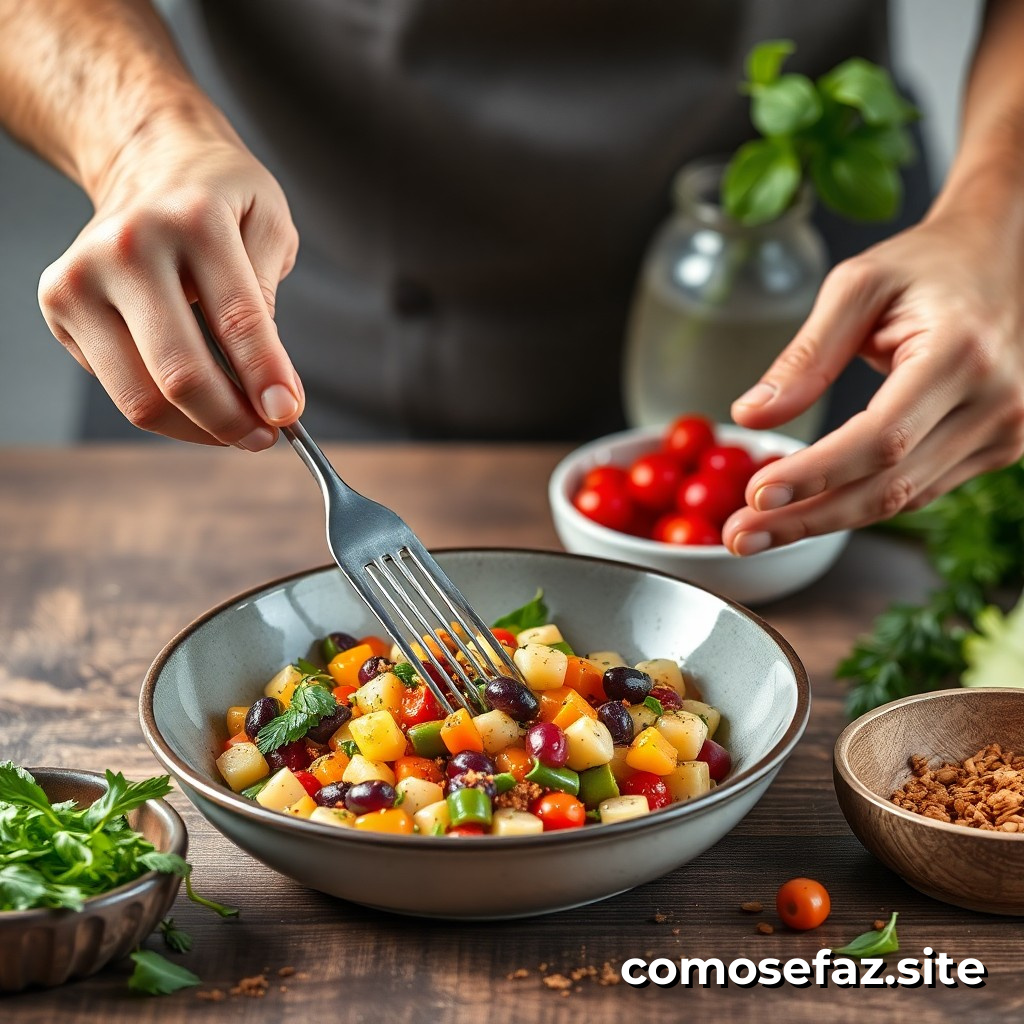 Preparando um prato de legumes assados com ervas frescas e especiarias para uma refeição saudável e econômica