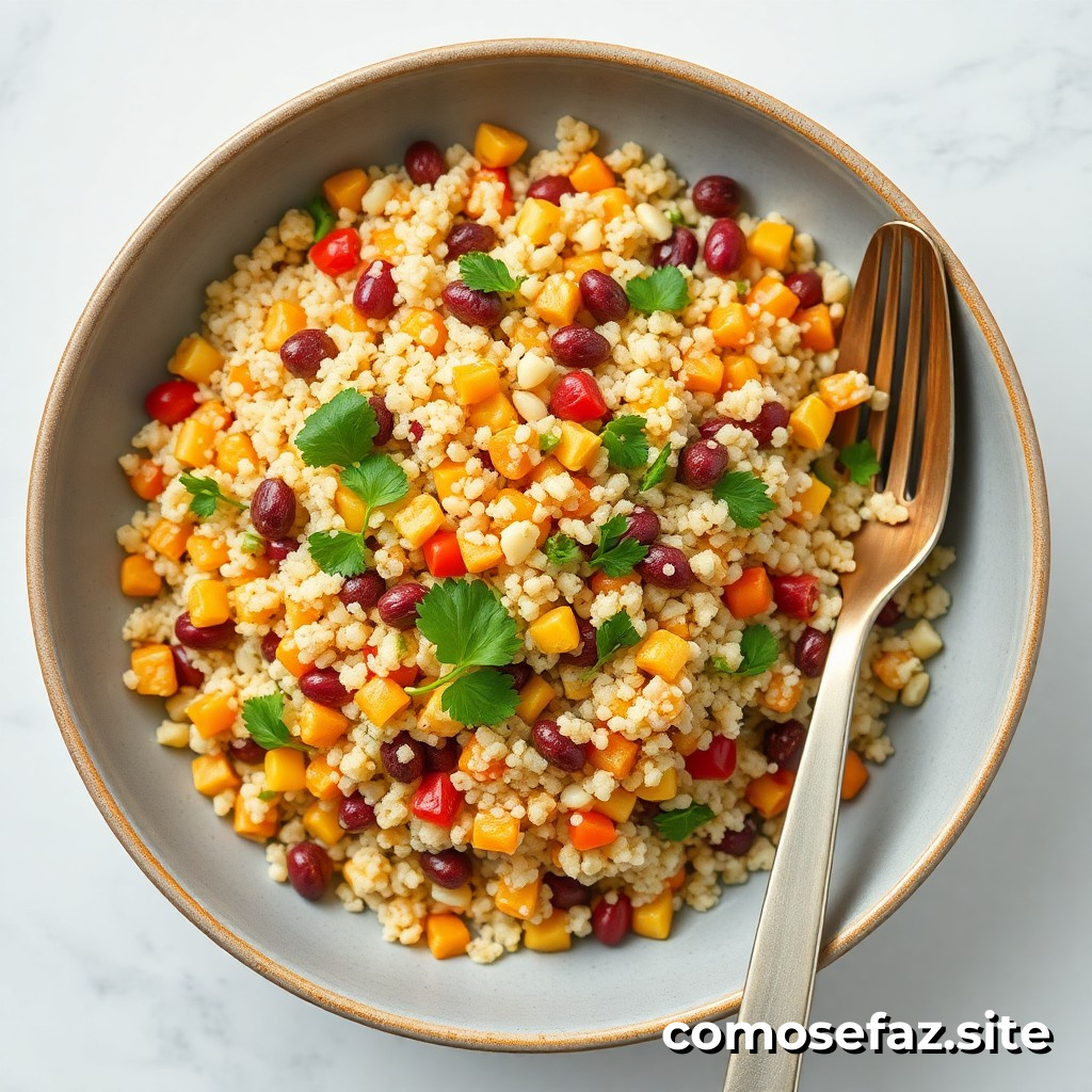Preparando um prato de quinoa com legumes assados de forma saudável e rápida