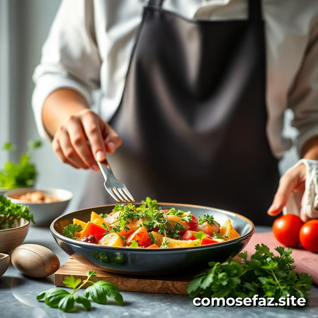 Preparando um prato vegetariano com ingredientes da estação