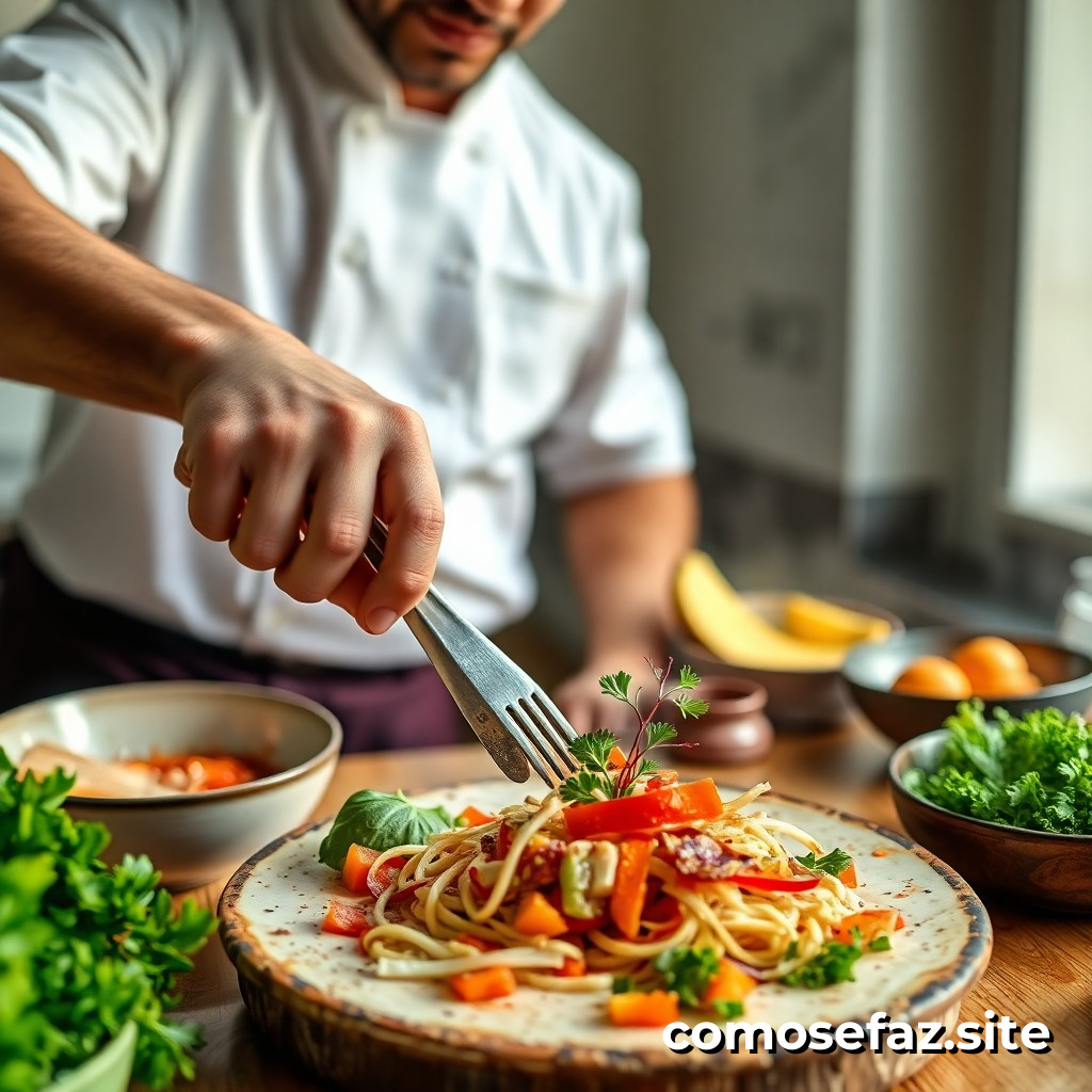 Preparando un plato de comida fusionada con ingredientes locales y exóticos