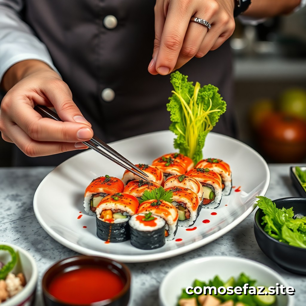 Preparando un plato de comida saludable y exótico: sushi vegetariano