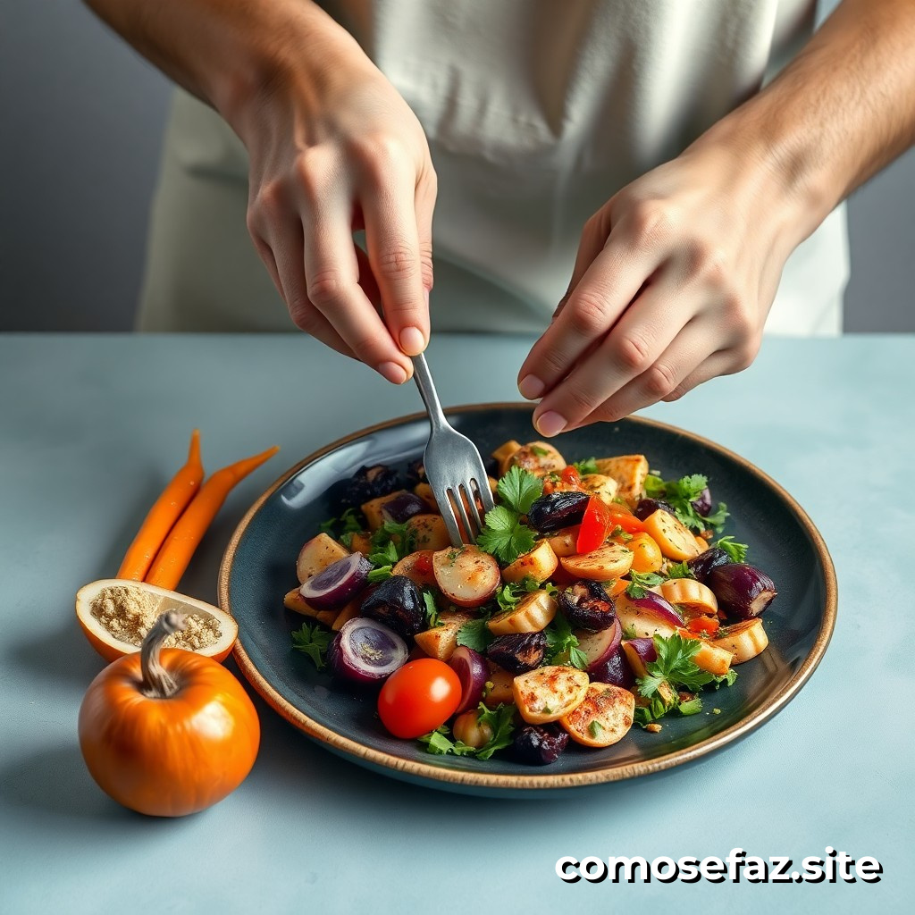 Preparando un plato de comida vegana y sostenible con ingredientes de temporada