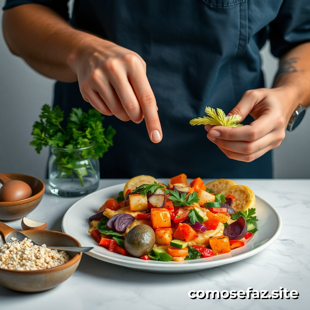 Preparando un plato de comida vegetariana con ingredientes de temporada y técnicas de cocción creativas