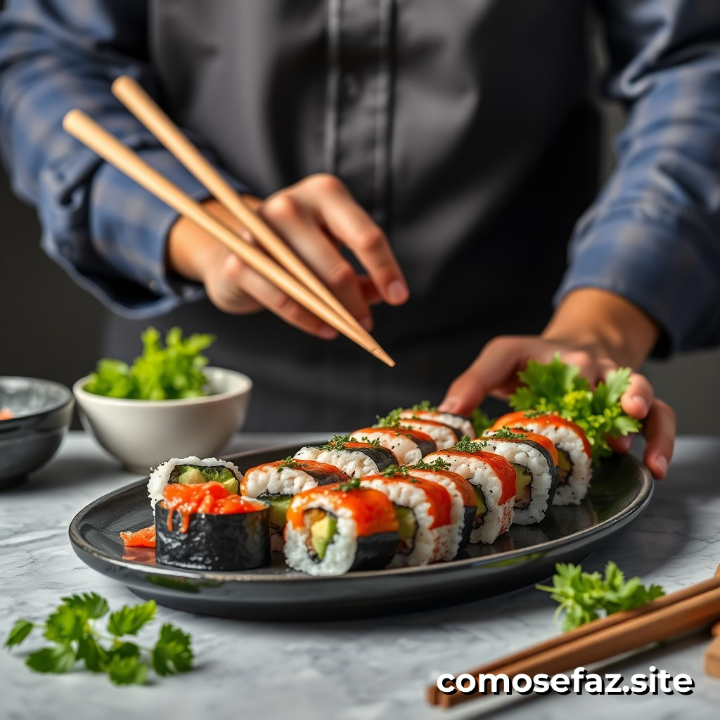 Preparando un plato de sushi vegano casero